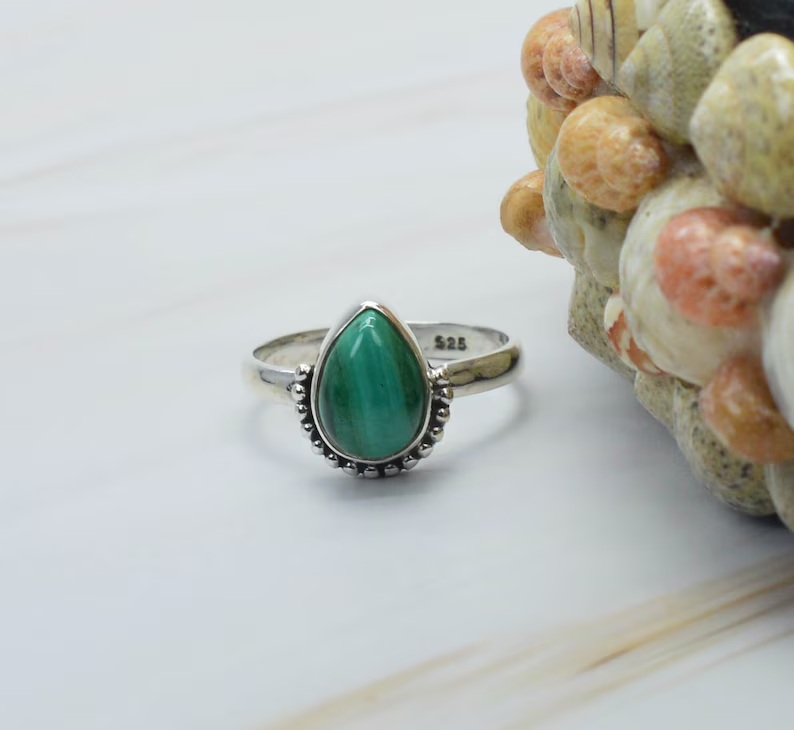 Green Malachite 925 Sterling Silver Gemstone Ring Designer Ring Pear Shape Handmade Ring Green Malachite Silver Ring Gift For Her