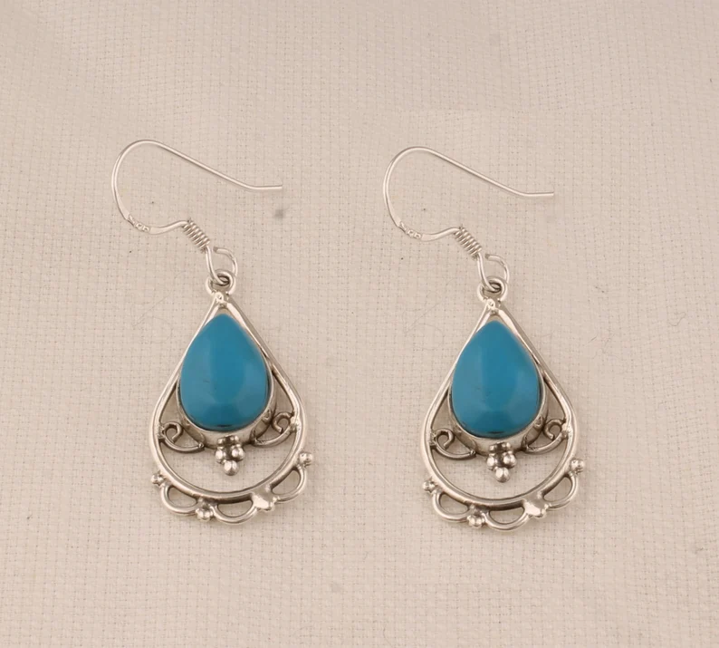 Massive 925 Sterling Silber Türkis Ohrringe für Frauen Handgemachte Birnen-Tropfen Gemstone Ohrringe Geschenkidee für Brautjungfern Hochzeitsschmuck