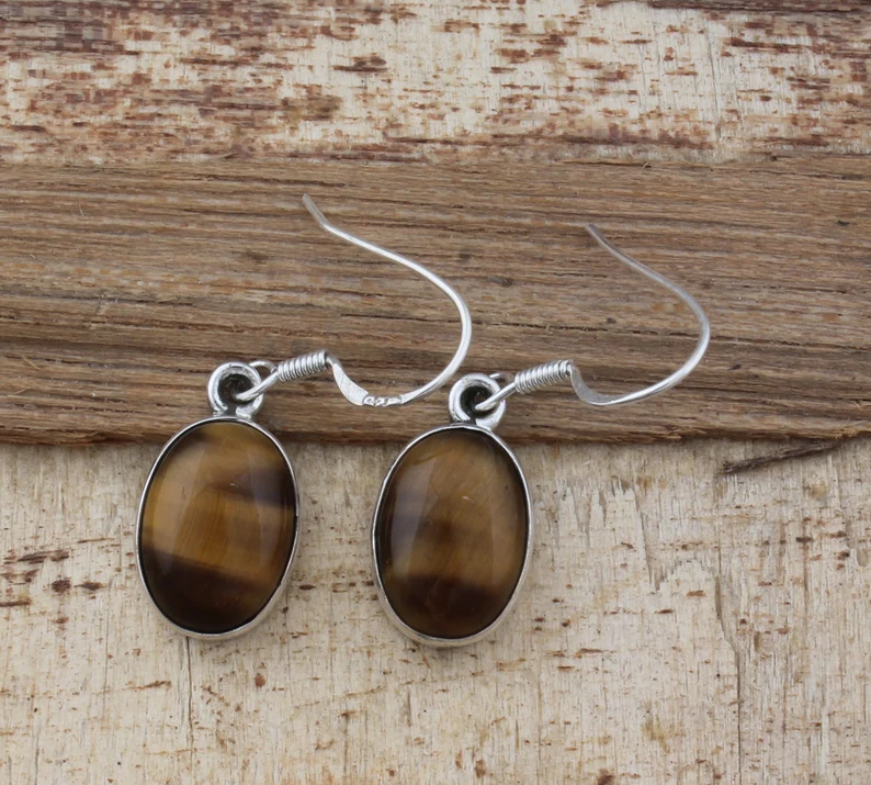 Ohrringe aus massivem 925er Sterlingsilber mit Tigerauge für Damen, handgefertigt, ovale Edelstein-Silberohrringe, Geschenke zum Muttertag, Alltags-Schmuck