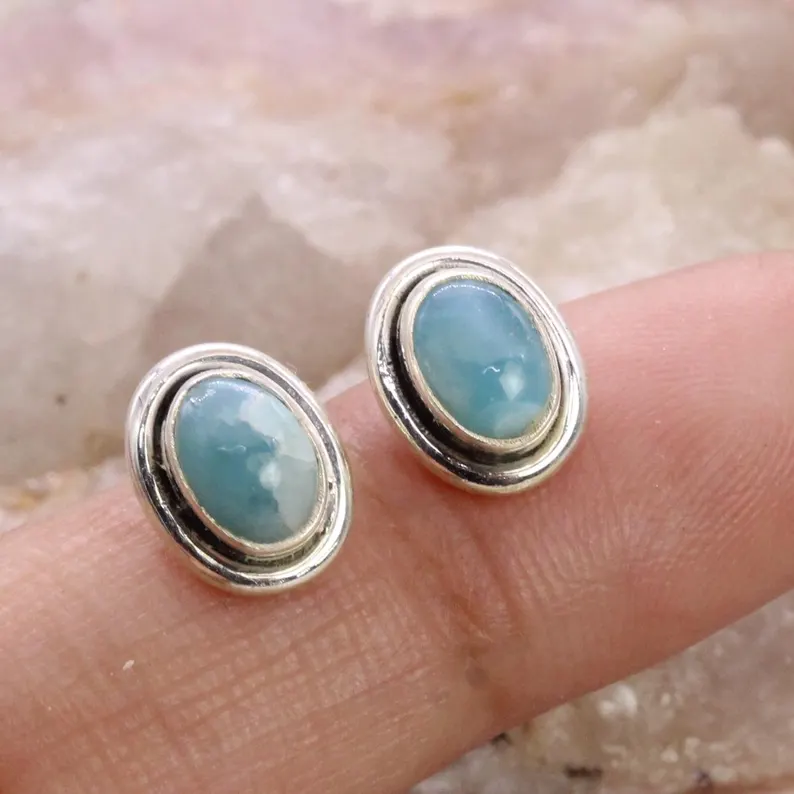 Massive 925er Sterling Silber Ohrstecker Larimar Edelstein Ohrringe Alltags-Ohrringe Minimalistische Besondere Ohrringe Perfektes Geschenk für Sie