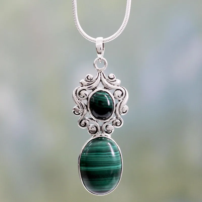 Ambachtelijk vervaardigd malachiet en 925 sterling zilveren ketting Boheemse sieraden cadeau voor mama & haar