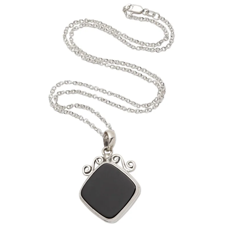 Swirls and Curls 925 Sterling Zilveren en Onyx Hanger Ketting Hanger Ketting Delicate Ketting Boheemse Sieraden Perfect Cadeau Voor Haar