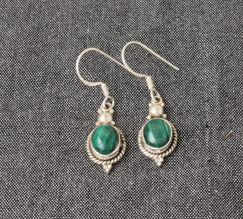 Natürliche Malachit 925 Sterling Silber Tropfenohrringe für Frauen Handgemachte Ovale Minimalistische Ohrringe Geschenkidee Schmuck