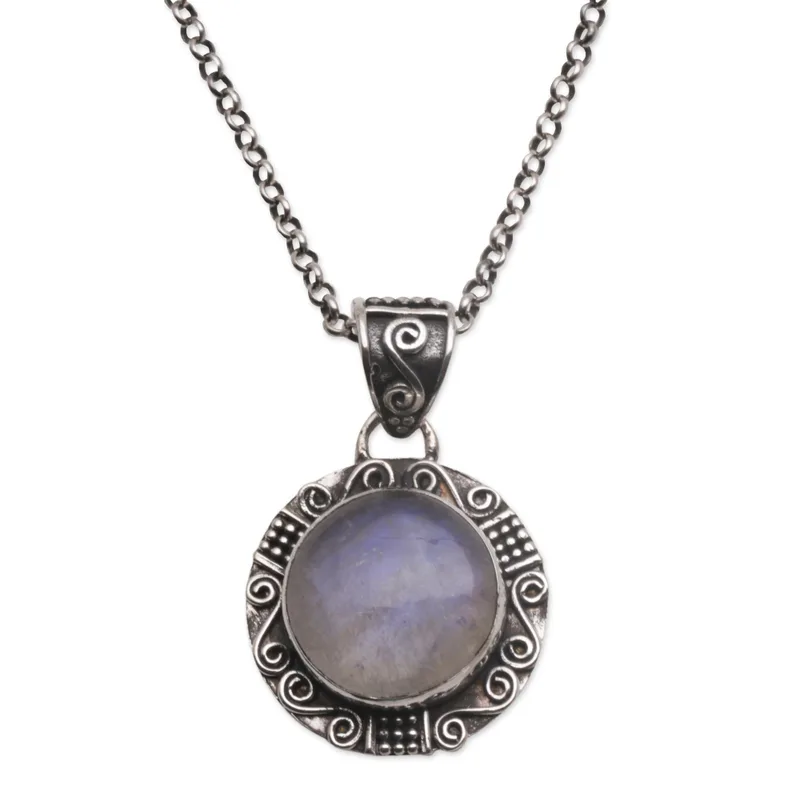 Runder Regenbogen-Mondstein 925 Sterling Silber Anhänger Halskette Handgefertigter Böhmischer Schmuck Jahrestagsgeschenk für Sie