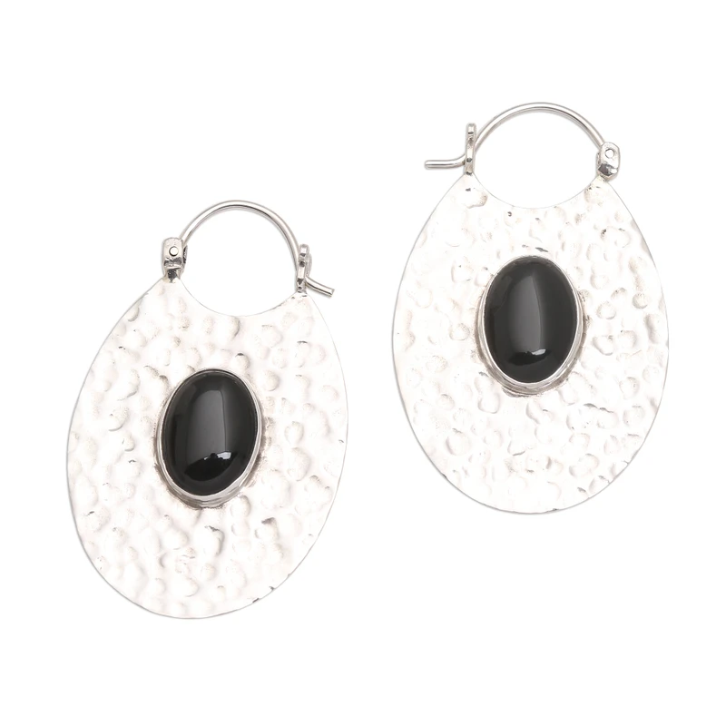Gehamerde Sterling Zilveren Ovale Hoepel Oorbellen met Zwarte Onyx Dames Handgemaakte Oorbellen Cadeaus voor Moeder & Haar