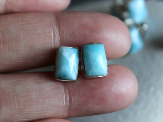 925 Sterling Silber Rechteck Larimar Ohrstecker Edelstein Ohrringe Designer Silber Ohrringe Handgefertigte Ohrringe Geschenk für Sie
