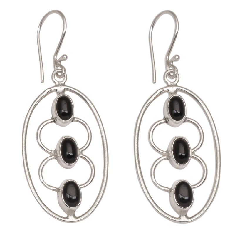 Sterling Zilveren Ovale en Zwarte Onyx Dangle Oorbellen Dames Handgemaakte Oorbellen Cadeaus Voor Mama & Haar