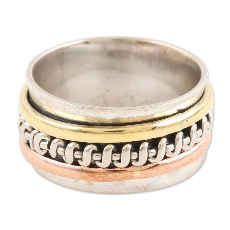 Verknoteter Sterlingsilber-Messing- und Kupfer-Meditations-Spinnerring Handgemachter Ring Silberschmuck Böhmischer zierlicher Ring Geschenk für sie Geschenkartikel
