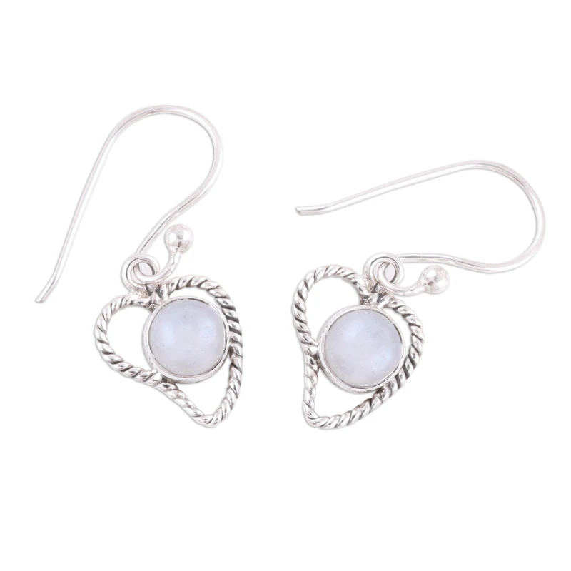 Regenbogen-Mondstein Abstrakte Herz-Ohrhänger Sterlingsilber 925 Handgefertigte Edelstein-Ohrringe Geschenk für Sie Geburtstagsgeschenk