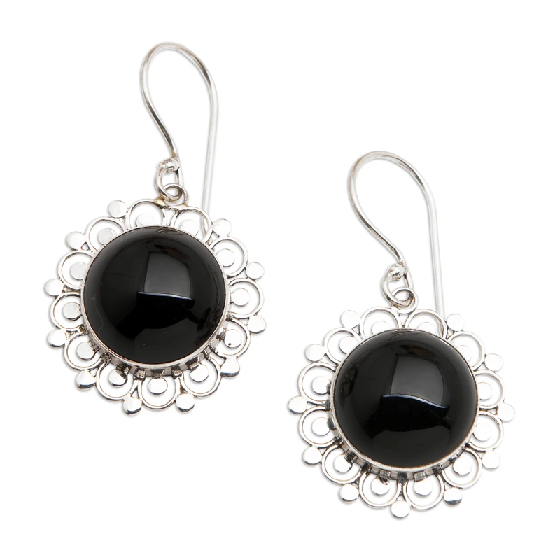 Blumen Sterling Silber Onyx Ohrhänger Frauen handgemachte Ohrringe Geschenke für Mama & Sie Böhmischer Schmuck