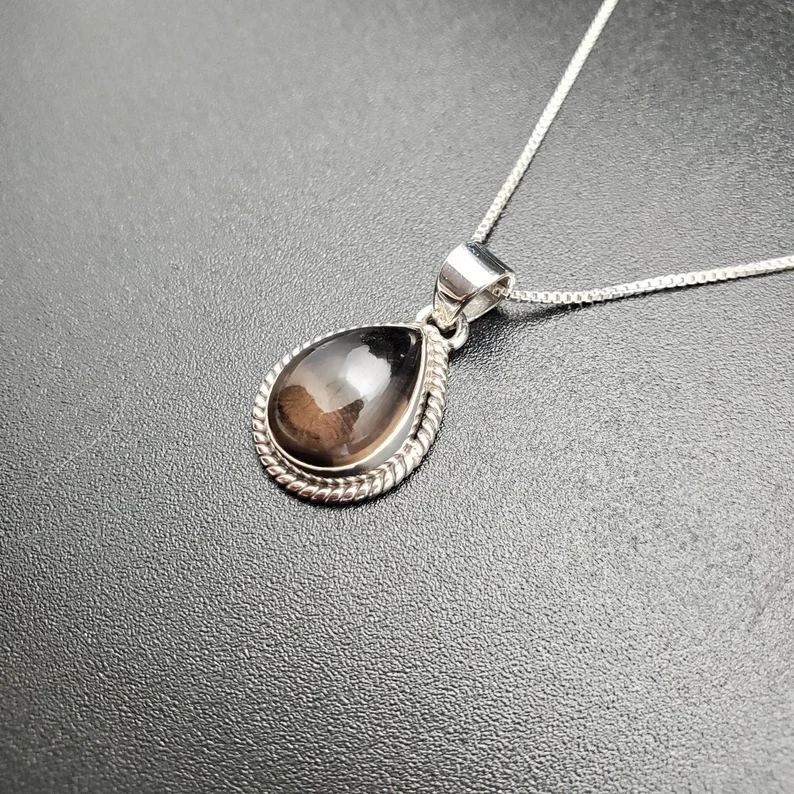 Rauchquarz-Tropfen-Anhänger mit Silberkette Halskette 925 Sterling Silber Rauchquarz-Anhänger Halskette Heilstein
