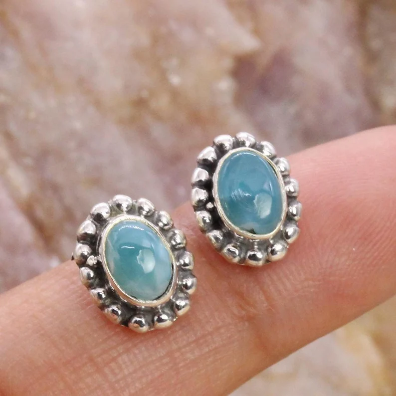 Massive 925 Sterling Silber Ohrstecker Larimar Edelstein Ohrringe Alltagsschmuck Geschenk Für Sie