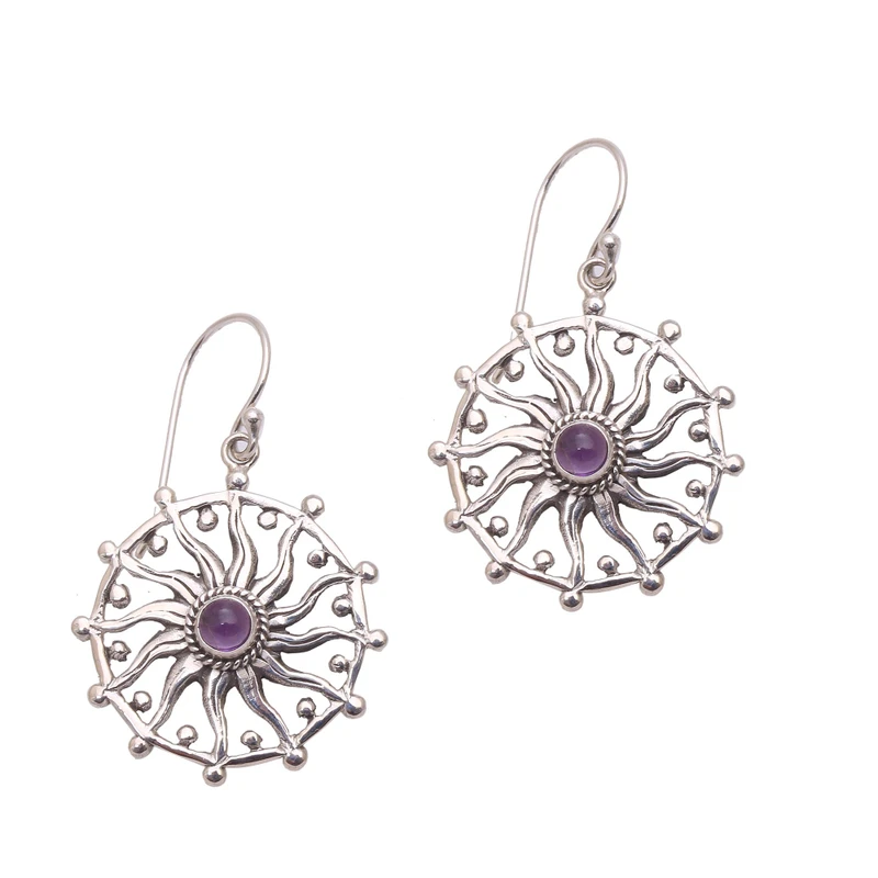 Sonnen-Design Amethyst Ohrringe Hängeohrringe 925 Sterling Silber Handgemachte Ohrringe Geschenkartikel Geburtstagsgeschenk