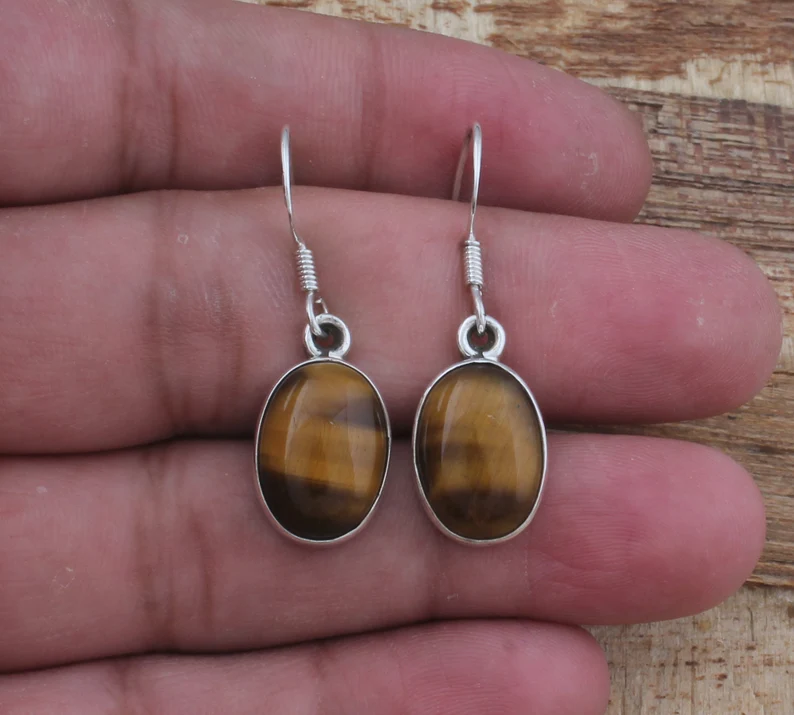 Ohrringe aus massivem 925er Sterlingsilber mit Tigerauge für Damen, handgefertigt, ovale Edelstein-Silberohrringe, Geschenke zum Muttertag, Alltags-Schmuck