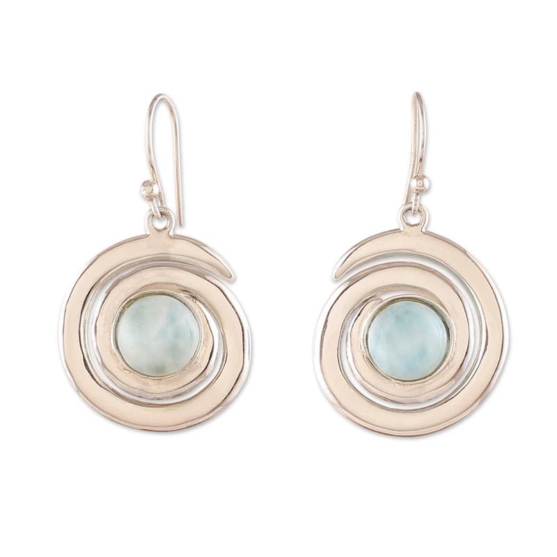 Ohrringe aus Sterlingsilber und natürlichem Larimar-Cabochon, 925er Massivsilber, Edelsteinohrringe, handgefertigt, Boho-Ohrringe, Geschenk für Sie