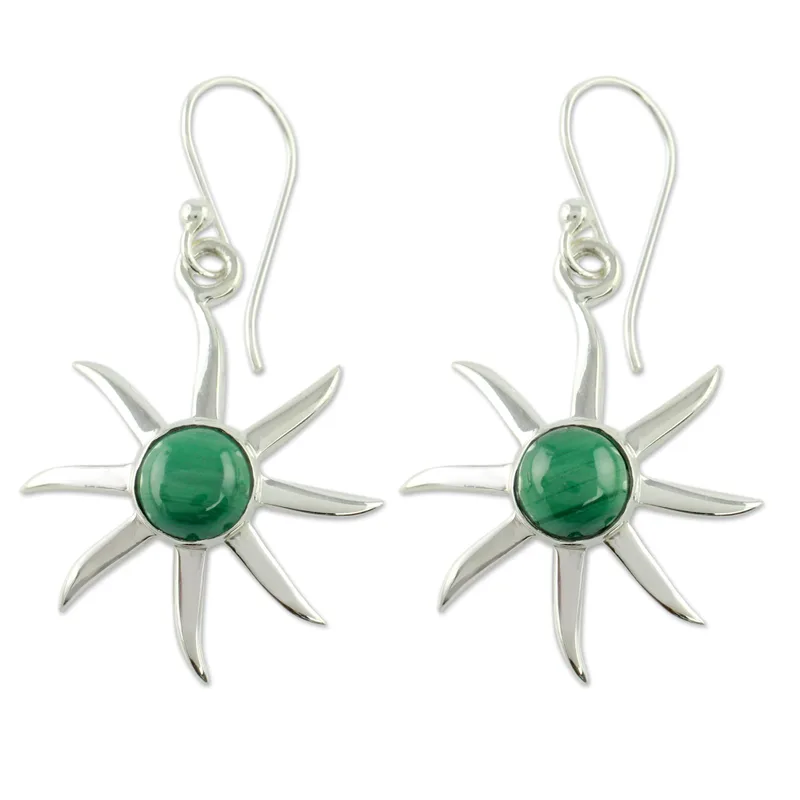 Sonnen-Design, runde Form, Malachit-Ohrringe, 925er Sterlingsilber, handgefertigte Damen, minimalistische Ohrringe, Geschenkidee, Schmuckgeschenk für Sie