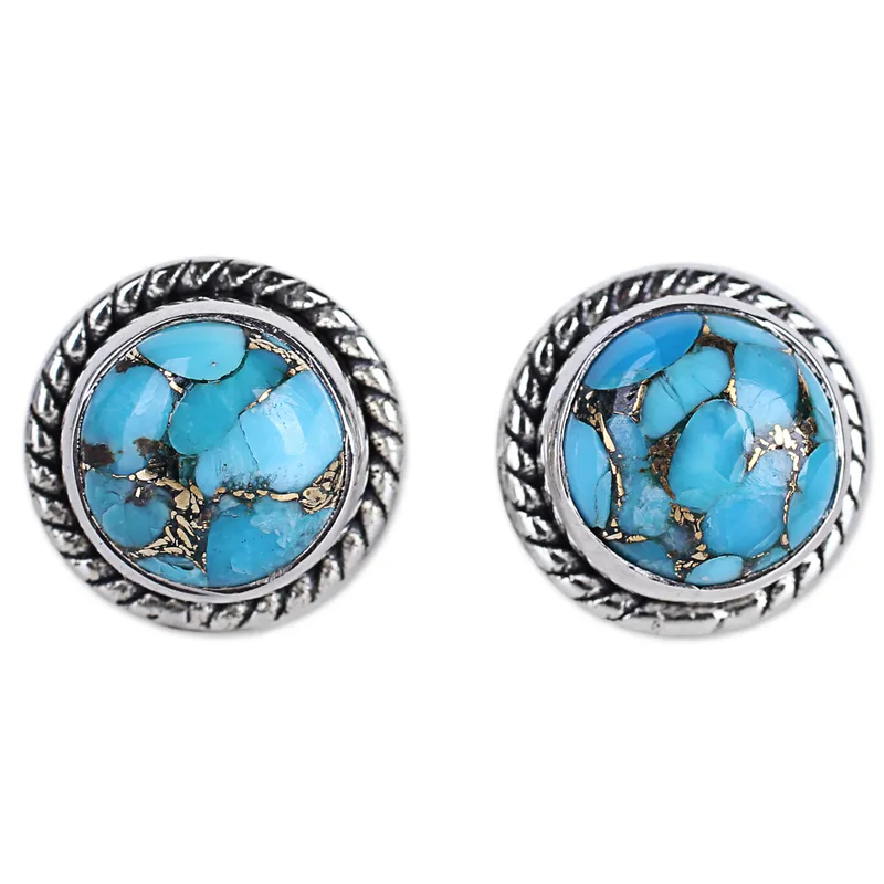 Ronde turkooizen en sterling zilveren oorknopjes Turkooizen sieraden handgemaakte Boheemse sieraden cadeau voor haar
