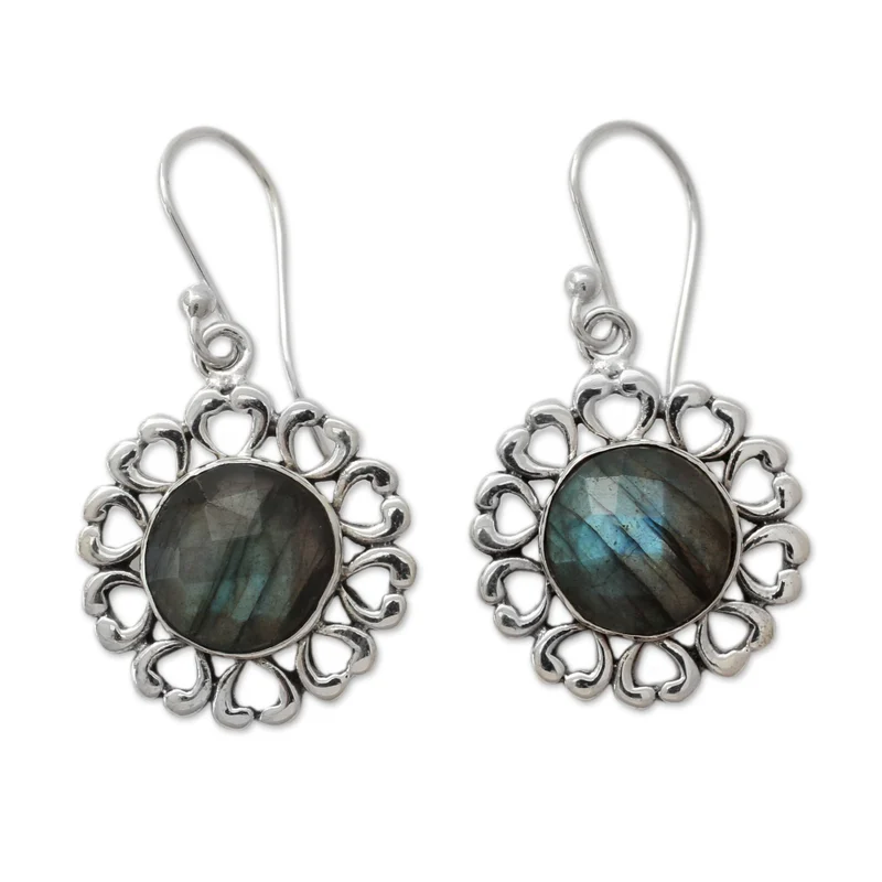 Handgefertigte Labradorit-Ohrringe mit Blumenmotiv, 925er Sterlingsilber, baumelnde Ohrringe mit blauem Edelstein, Labradorit-Schmuckgeschenk für sie