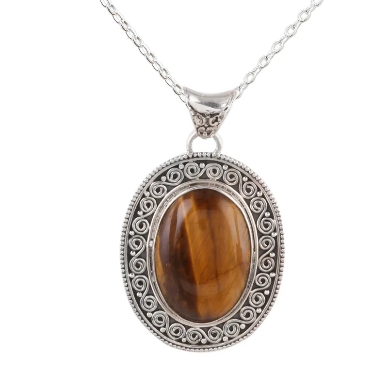 Ovale Tigerauge-Anhänger-Halskette, echter Edelstein, 925er Sterlingsilber, böhmischer Schmuck, Geschenk für sie