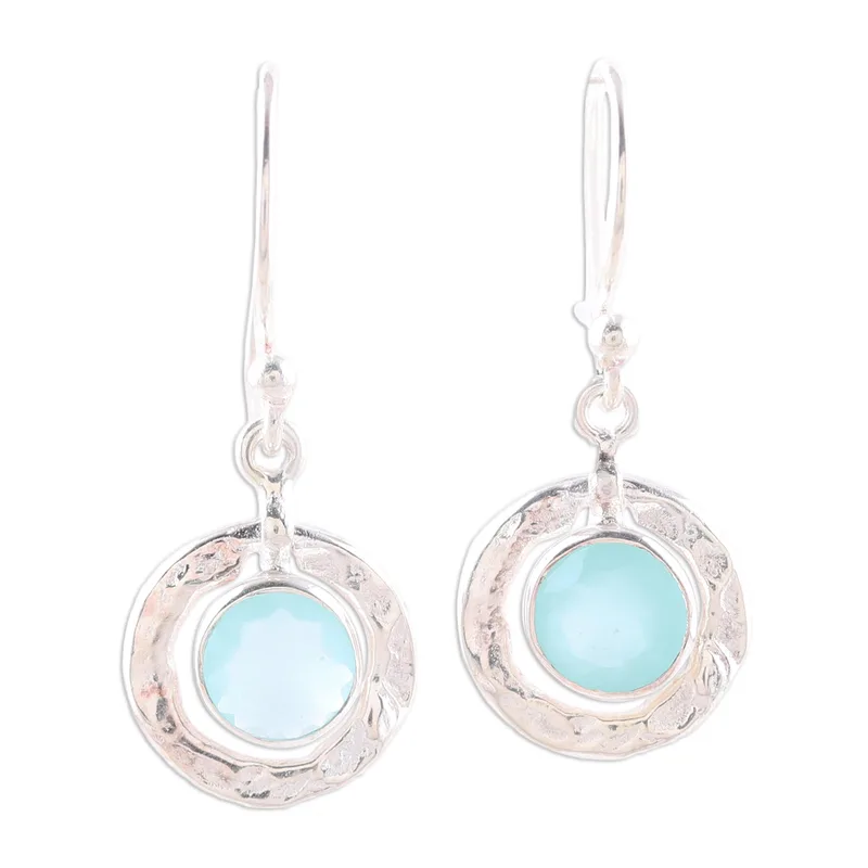Runde Aqua-Chalcedon und Sterling Silber Ohrhänger 925er Massivsilber Handgemachter Boho Feiner Schmuck Geschenk Für Sie
