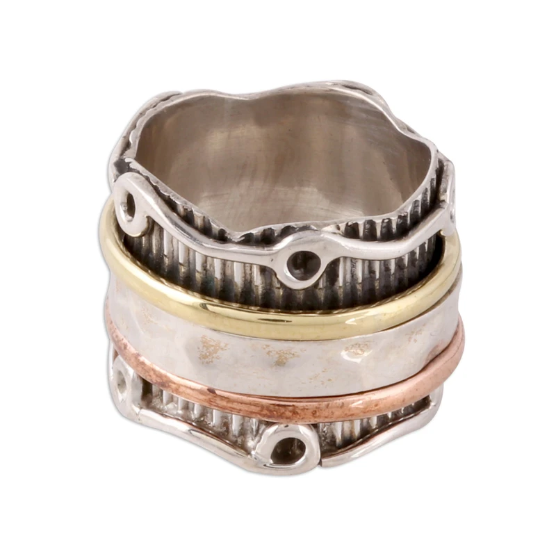 Sterlingsilber Spinner Ring mit Messing und Kupfer Handgemachter Ring Silberschmuck Böhmischer Zierlicher Ring Geschenk Für Sie Geschenkidee