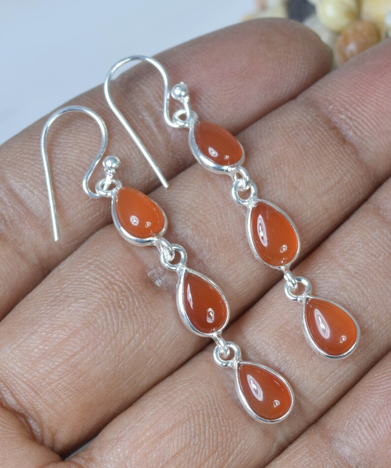 Roter Karneol 925 Sterling Silber Edelstein Ohrhänger Handgefertigter Schmuck Birnenförmige Lange Ohrringe Geschenk Für Schwester 3 Stein Ohrringe