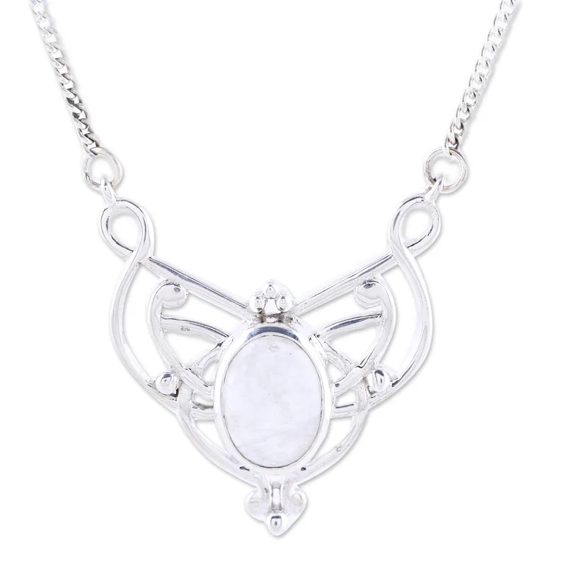 Ovale Regenbogen-Mondstein-Halskette mit Anhänger aus Sterlingsilber, handgefertigter Bohemian-Schmuck, Jahrestagsgeschenk für sie