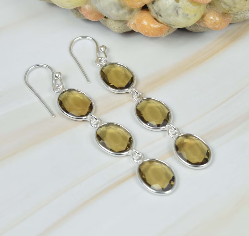 Smoky Quartz 925 Sterling Silver Gemstone Hook Earring Handmade Jewelry Elegant Earring Gift For Birthday 3 Stone Earring