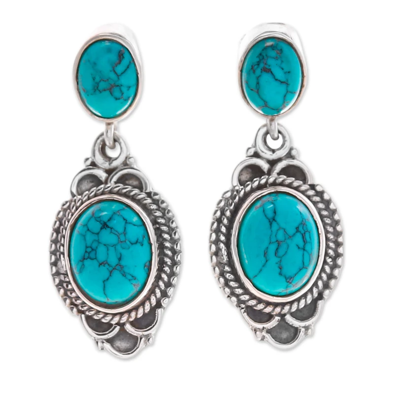 Klassische türkisfarbene Ohrhänger aus 925er Sterlingsilber, handgefertigter böhmischer Edelsteinschmuck, Geschenk für sie und Mama