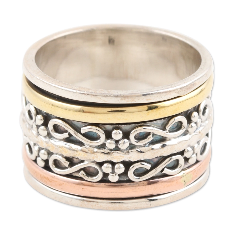 Meditationsspinner aus Silber, Messing und Kupfer, handgefertigt, Ring aus 925er Sterlingsilber, Geschenk für sie