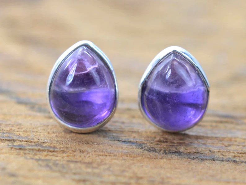Birnenförmiger lila Amethyst Edelstein Ohrstecker 925 Sterling Silber Februar Geburtsstein Handgemachter Schmuck 925 Silber Ohrstecker