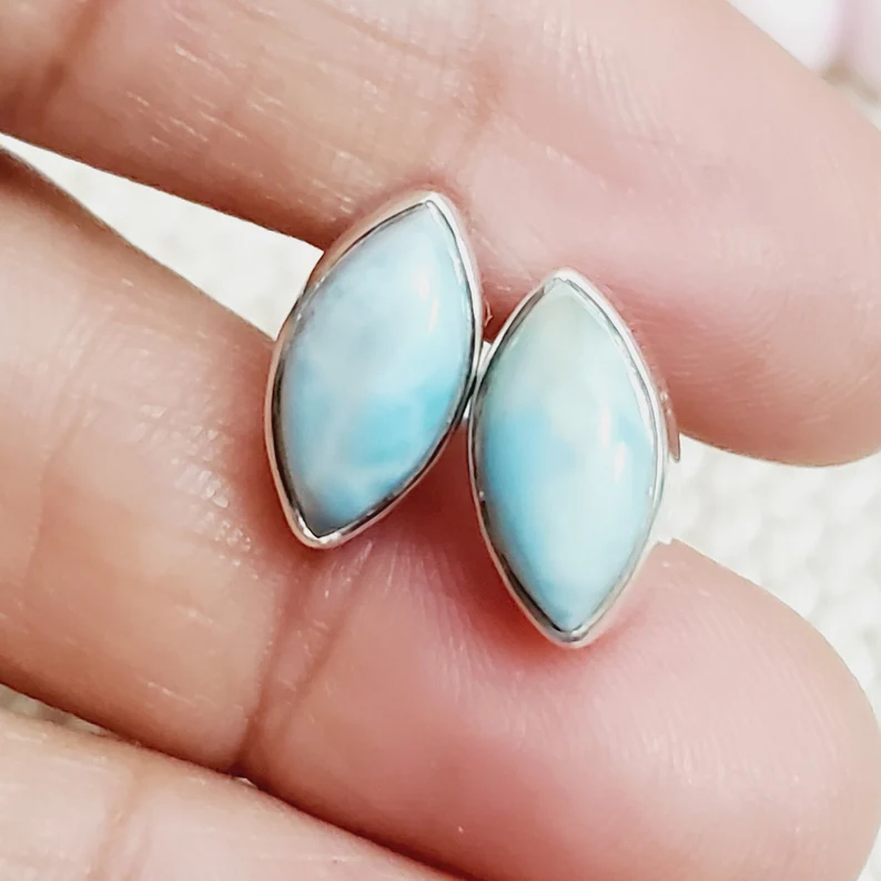 Larimar Marquise-Schliff Edelstein 925 Sterling Silber Ohrstecker Designer Silberohrringe Natürliche Edelsteinohrringe Handgefertigte Ohrringe