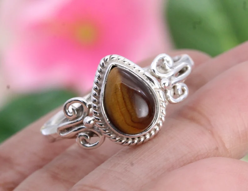 Eleganter Tigerauge Ring Edelstein Ring Gelber Bandring 925 Sterlingsilber Hochzeitsgeschenk Ring für die Liebe