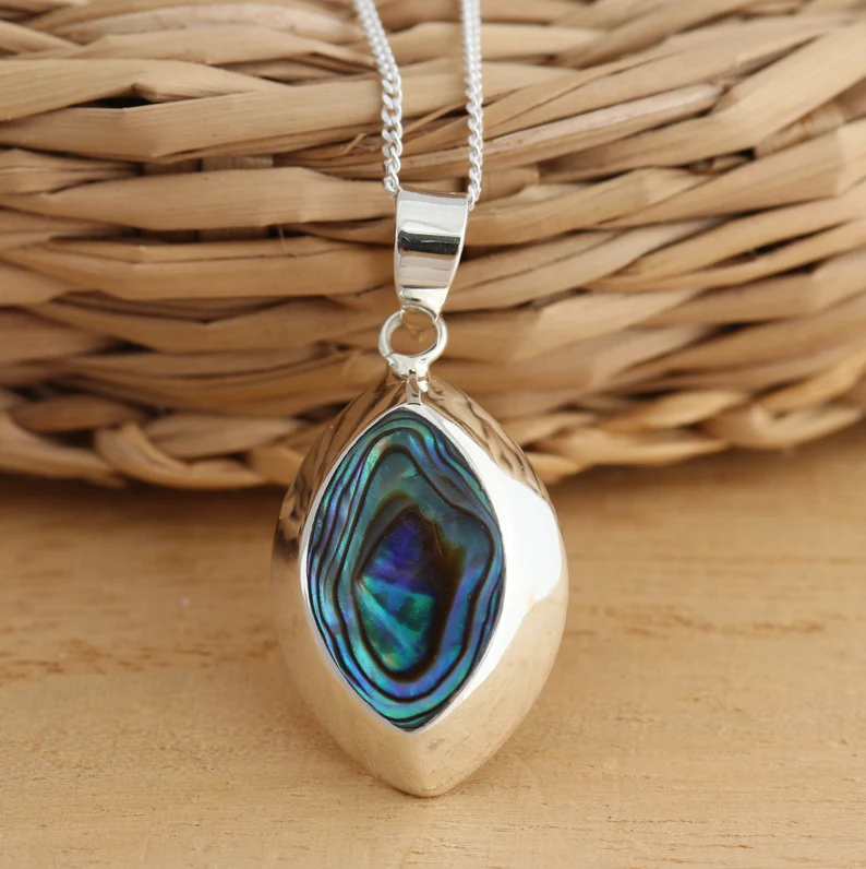 Massives 925 Sterling Silber Abalone Muschel Großer Anhänger Panzerkette Halskette Geschenkverpackt