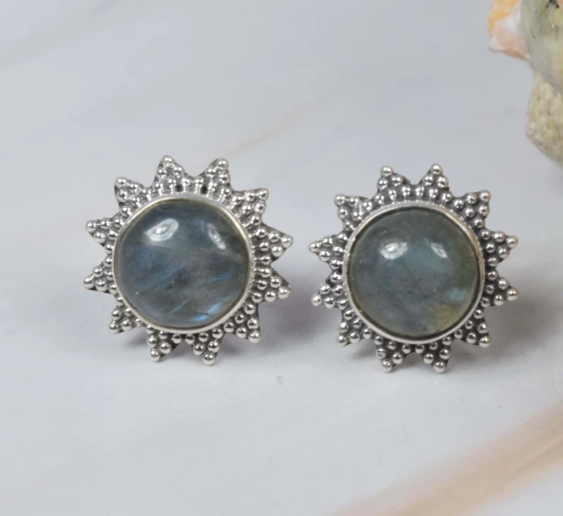 Natürlicher Labradorit 925er Sterling Silber Edelstein Blume Designer Ohrstecker März Geburtsstein Handgemachter Schmuck Geschenk zum Jahrestag