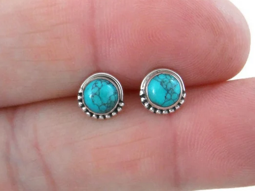 Turkooizen Sterling Zilveren Oorbellen Turkooizen Zilveren Knopjes Kleine Knopjes Boho Oorbellen Handgemaakte Boho Oorbel Cadeau Voor Haar