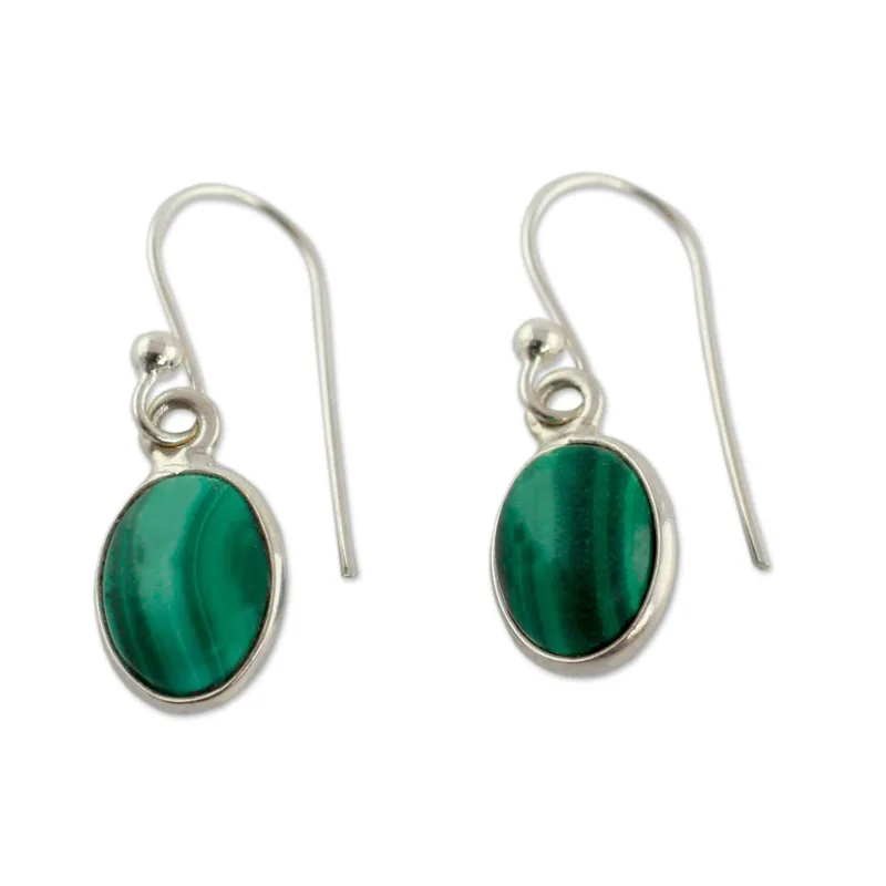 Ohrringe aus Sterlingsilber und Malachit für Damen, handgefertigte ovale minimalistische Ohrringe, Geschenkidee Schmuck