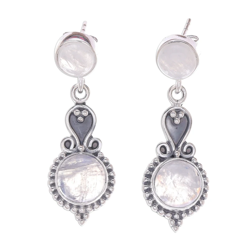 Regenbogen-Mondstein-Cabochon-Ohrringe aus Sterlingsilber, baumelnd, handgefertigt, Edelstein-Ohrringe, Geburtstagsgeschenk für sie