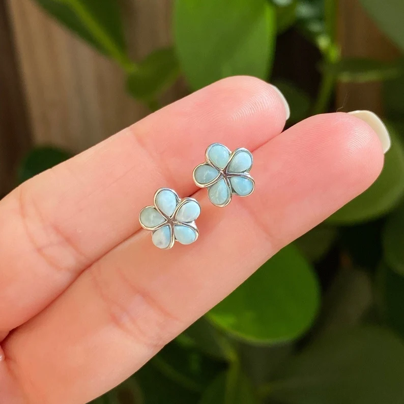 Ohrstecker Natürliche Larimar Blumenohrringe Sterling Silber Ohrstecker Larimar Schmuck Geschenk Für Sie Blumenstecker