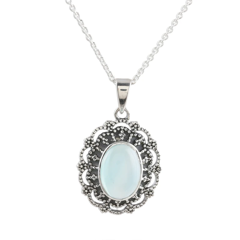 Aqua-Chalcedon Cabochon Sterling Silber Anhänger Halskette Handgefertigte Zierliche Halsketten Böhmischer Schmuck Geschenk Für Sie