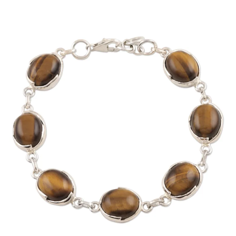 Artisan Crafted Tiger Eye Link Bracelet 925 Sterling Silver Boho Dainty Jewelry Gift For Her Valentine Day Gift
