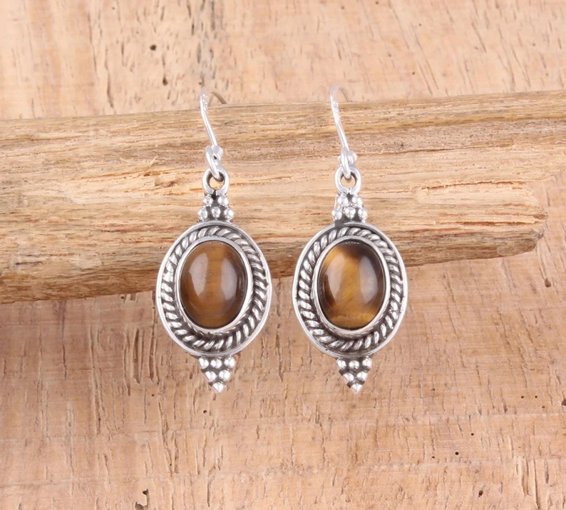 Tigerauge Edelstein Ohrringe 925 Sterlingsilber Handgemachte Ohrringe Alltagstaugliche Ohrringe in Ovaler Form Boho Ohrringe Geschenk für Sie