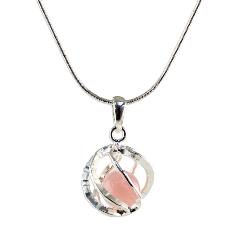 Rosa Energiekugel 925 Sterling Silber Anhänger Halskette mit Rosenquarz Halskette für Damen Handgemachte Boho Halsketten Geschenke für Sie
