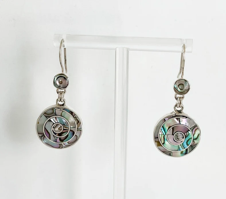 Runde Abalone-Muschel-Ohrringe, 925er Sterlingsilber, Edelstein-Ohrringe, handgefertigter böhmischer Schmuck