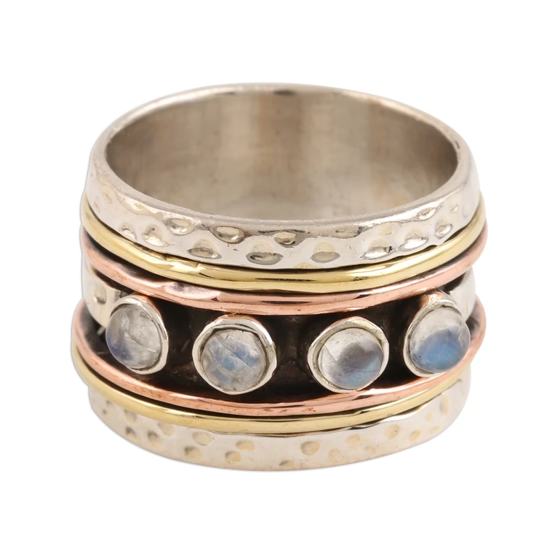 Natürlicher Regenbogen-Mondstein-Spinnerring aus Indien, handgefertigter Ring, Silberschmuck, böhmischer zarter Ring, Geschenk für sie, Geburtstagsgeschenk