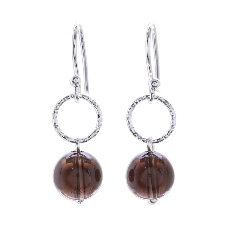 Runde Rauchquarz-Ohrhänger für Damen, Ohrringe aus massivem Silber mit Stein, handgefertigt, Boho, zarte Ohrringe, Geschenk für sie