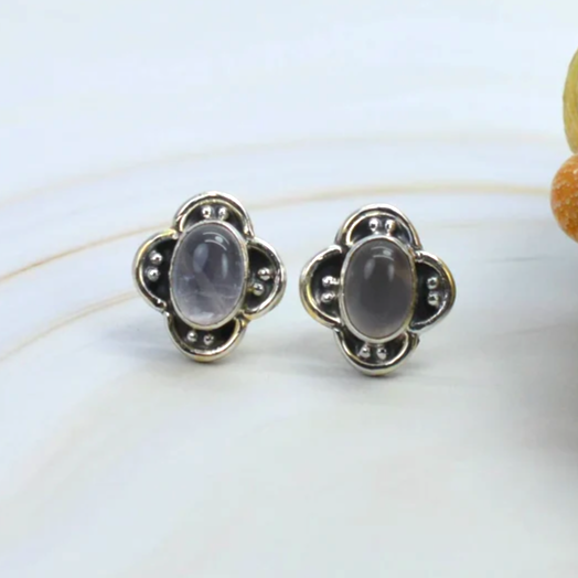 Blumenmuster Rosenquarz Stein 925 Massiv Sterling Silber Edelstein Ohrstecker Naturstein Handgemachter Böhmischer Schmuck Geschenk Für Sie