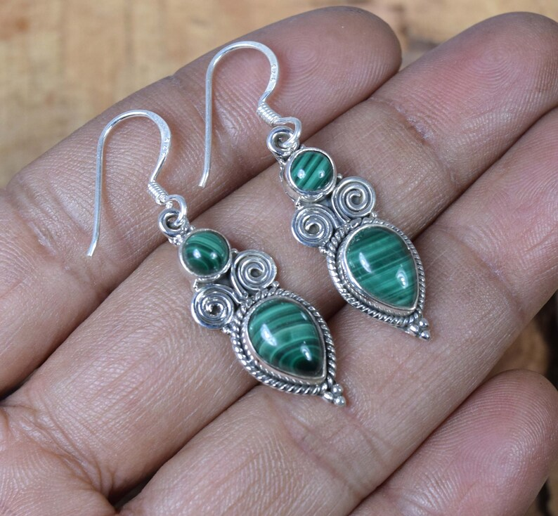 Grüner Malachit 925 Sterling Silber Edelstein Designer Haken Ohrring Handgemachter Ohrring Doppelstein Ohrring Geschenk für Sie