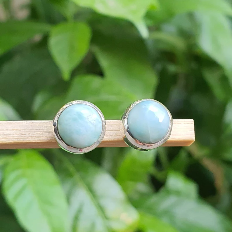 Runde blaue Larimar-Ohrstecker für Damen und Herren, Sterlingsilber-Ohrstecker, Naturstein, Geschenk für Sie