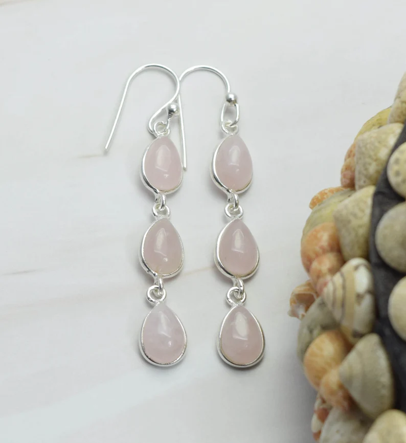 Rosa Rosenquarz 925 Sterling Silber Edelstein Haken-Ohrring Designer-Ohrring Tropfenform Schmuck Handgefertigter Schmuck Geschenk zum Jahrestag